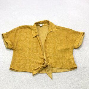 Urban Outfitters Top Womens Large Mustard Yellow Tie Front Polka Dots Deep V